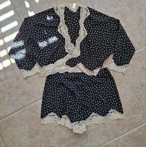 Vintage 80s Gold Label Victoria Secret Set Medium Black&whiteSatin Poka Dot
